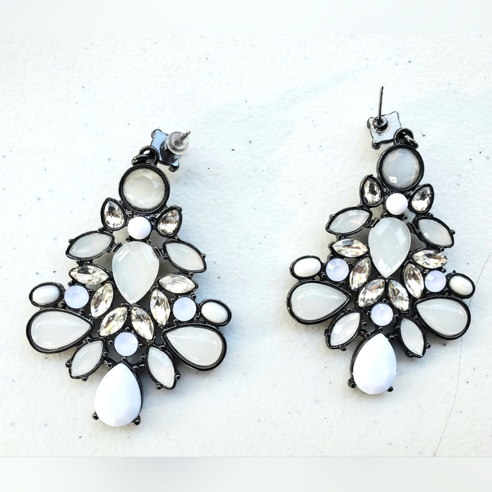 Express Gun Metal Drop Earrings With White Crystal Stones